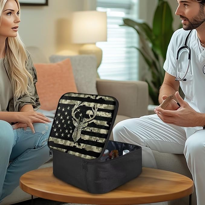 Rnyleeg Wood American Flag Deer First Aid Bag Empty First Aid Kit for Men First Responder Bag Empty Emergency Medical Supplies for Hiking