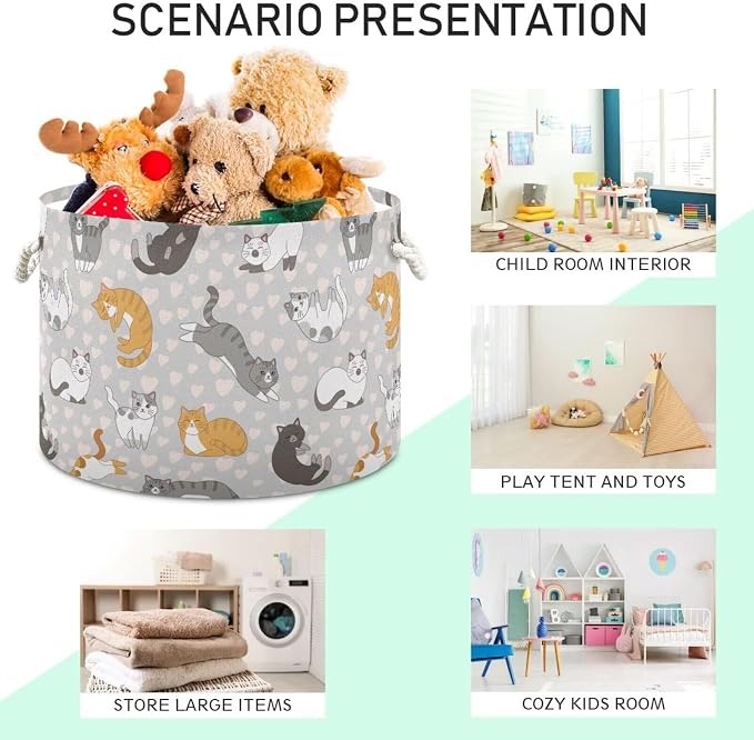 Cute Cat Print Collapsible Round Storage Basket with Handles | Pet Kitten Heart Large Laundry Baskets Hamper, Clothes Organizer Bin for Bedroom Living Room Decor, 20x 20x 14 Inches