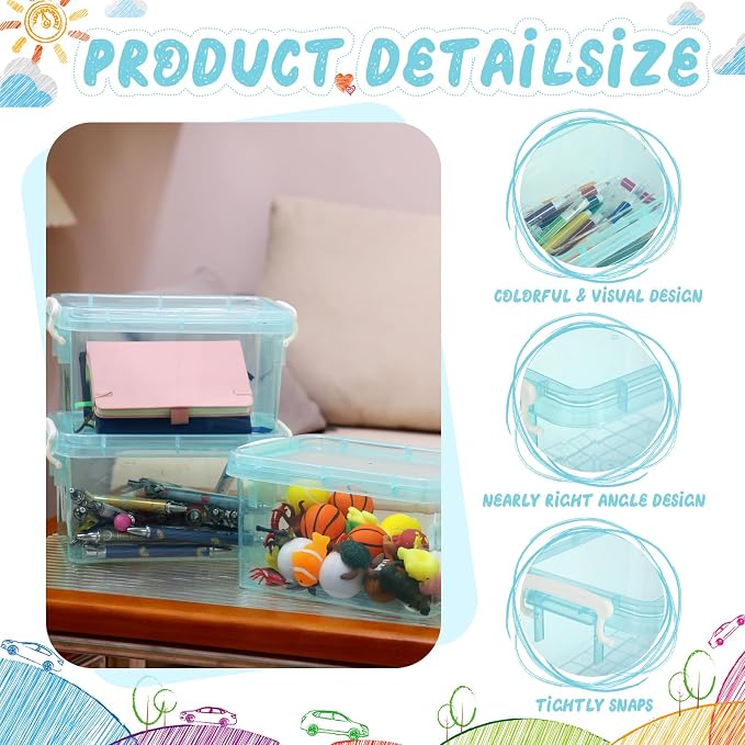 6 Pack Colorful Plastic Storage Bins with Lids 4 Quart Small Storage Latch Box Stackable and Nestable Clear Organizer Bins with Latching Handle and Buckle for Organizing(Cyan)