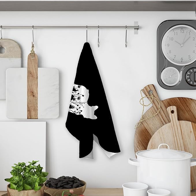 Black and White Pug Flower Kitchen Towels,Pug Weiner Dog Lover Gifts for Women Mom Dish Towels for Kitchen,Weiner Dog Hand Towel Decorative Set for 2
