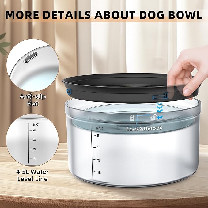 Decflow 1.2Gallon Dog Water Bowl No Spill, 4.5L Large Capacity Spill Proof Dog Bowls with Transparent Floating Disk, No Splash Slow Drinking Dog Bowl for Sloppy Messy Drinkers