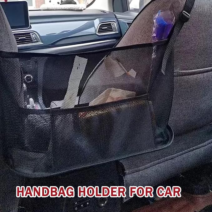 Car Net Pocket Handbag Holder - Auto Net Pocket Purse Holder Between Front Seats Car Storage Organizer, Universal Interior Accessories Barrier of Backseat Pet Kids (Black)