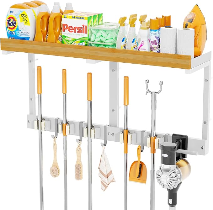 Broom and Mop Organizer Wall Hanging, Broom Hanger Holder Wall Mount | 3-in-1 Mop and Broom Holder Wall Mount with 5 Racks,5 Hooks,Storage Shelf & Vacuum Organizer for Garage,Kitchen,Laundry Room