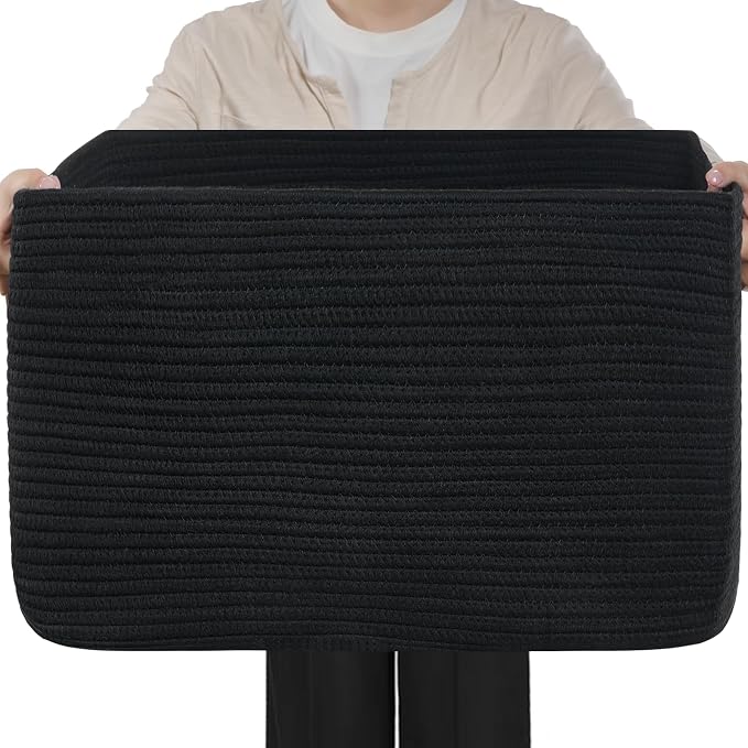 Optish 75L Large Woven Blanket Basket, Storage Basket with Handles, Black | Sturdy Cotton Rope Basket Organizer Blanket, a lot of Toys, Comforter, Pillows, Bedroom, Living Room, Bathroom, Easy to Carry