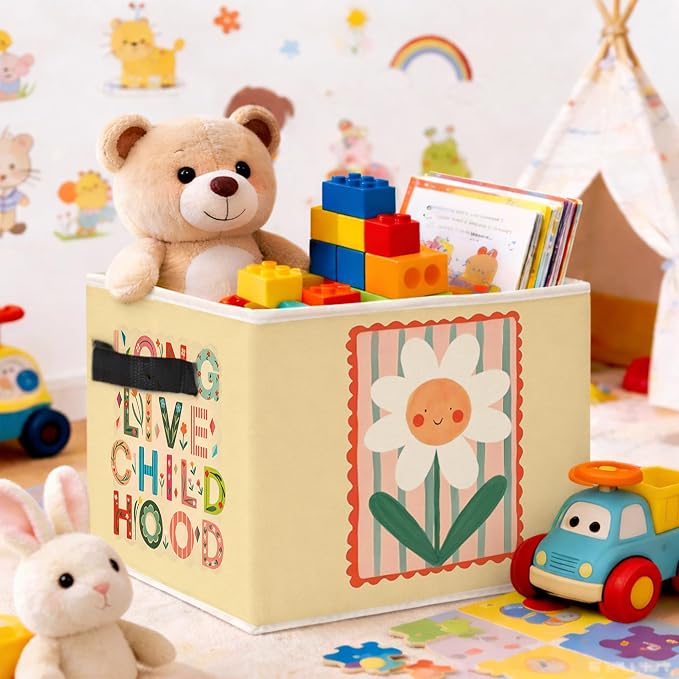 Childhood Storage Bin, Live Childhood Floral Foldable Fabric Basket | Foldable floral fabric organizer with Live Childhood design for nursery, bedroom, playroom, toys, books, and clothes