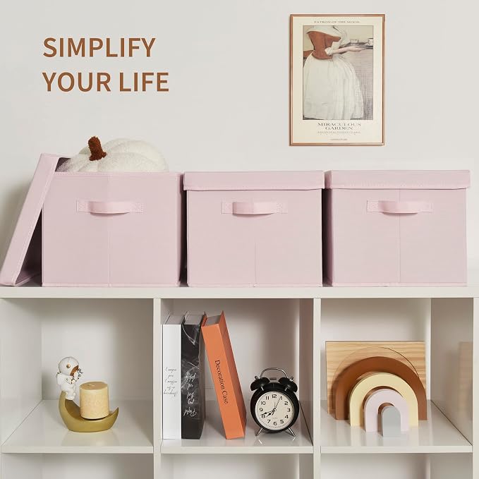 GRANNY SAYS Storage Bins with Lids, Decorative Storage Boxes with Lids | Storage Box with Dust Cover, Handles & Lable, Collapsible, Ideal for Closet Clothes Blanket Toys, Large, Pink, 3-Pack
