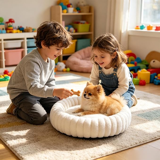 Round Dog Bed Raised Edge Soft Warm Plush Sleeping Mattress | Dog Donut Bed for Puppy Senior Kitten Indoor Outdoor Floor Bedside Kennel Couch Travel Car Home