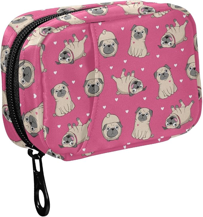 Fustylead Happy Funny Little Pugs and Hearts Pill Organizers 2 Times A Day Pill Case Bag with Zipper Portable Weekly Pill Dispensers for Vitamin Supplement