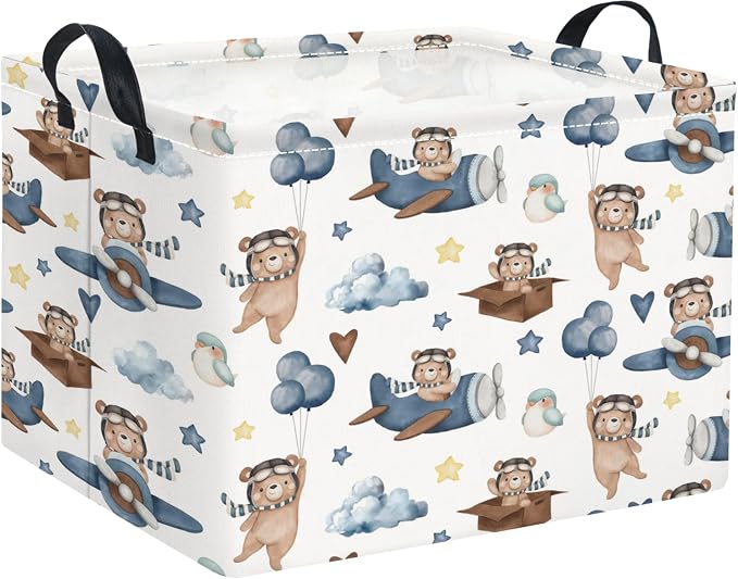 Rectangular Kids Basket Baby Girl Basket Fabric Storage Bin Organizer Box Room Decor(Bear Pilot)