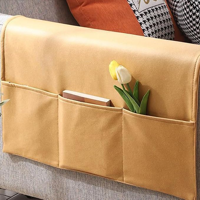 Sofa Armrest Cover with Pockets Set of 2 Furniture Protector Slip Technical Fabric Non Slip Recliner Organizer Remote Holder Caddy Accessories for Living Room Bedroom Kitchen Home 24*43.3 Inch Yellow