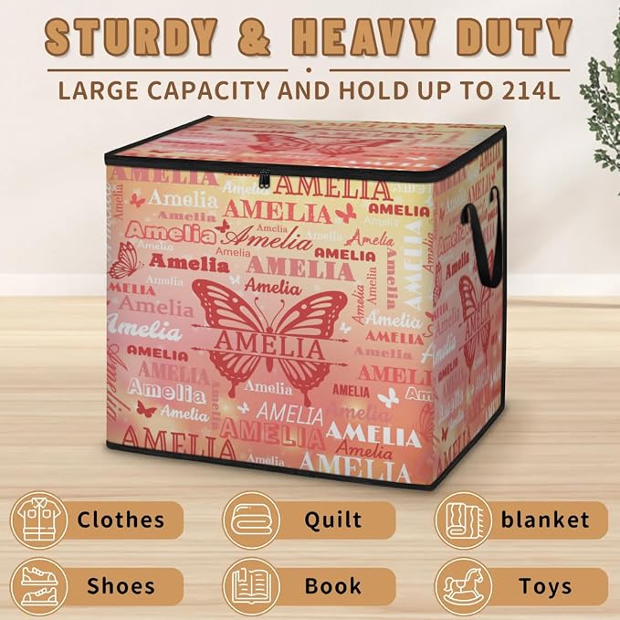 Personalized Name Foldable Storage Basket Cubes with Lid, Clothes Pet Toys Storage Bin with Handles for Shelf Home Closet Kitchen, Gradient Coral Red Yellow with Butterflies