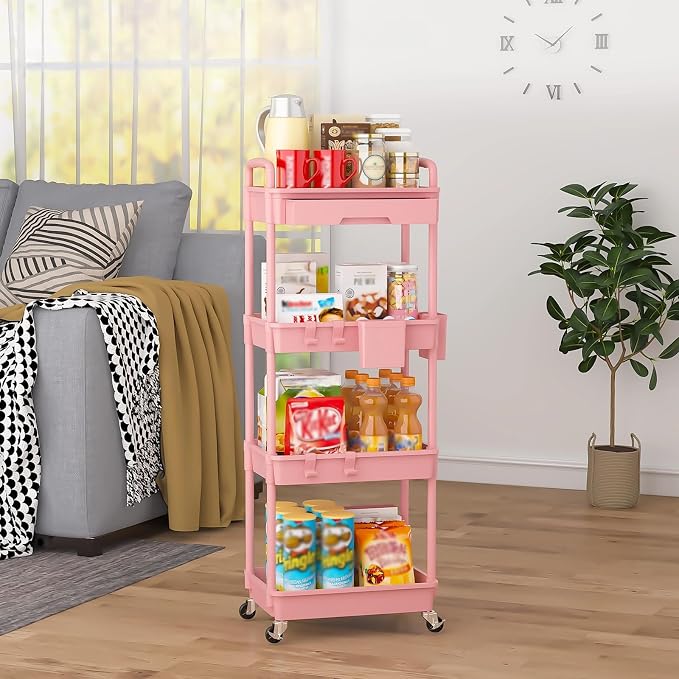 4 Tier Rolling Utility Cart with Drawer, Plastic Storage Organizer Rolling Carts with Wheels Handles Hanging Cups Hooks for Office, Bathroom, Kitchen,Craft Art Room (Pink)