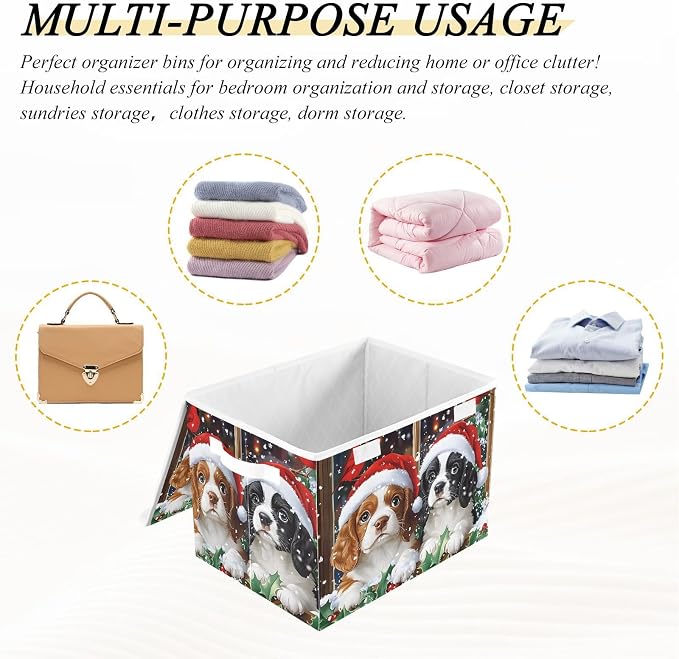 Fabric Storage Bins with Lid Christmas Dog Closet Storage Basket 40L | Decorative Storage Boxes, Foldable & Stackable, Dust-Proof Flip Top, Reinforced Handles, For Home & Dorm, Clothes & Toy Box