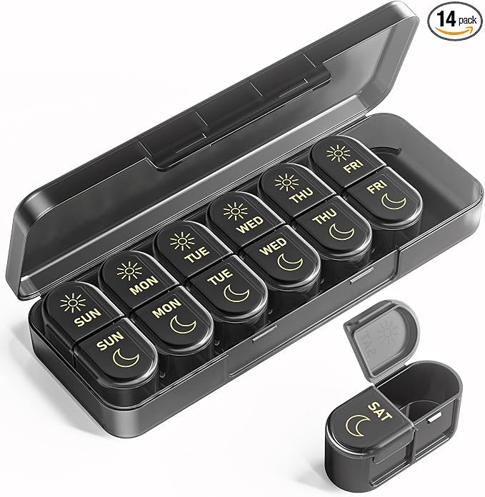 Pillex Weekly Pill Organizer 2 Times a Day, AM PM Pill Organizer 7 Day, Large Pill Box 7 Day, Travel Pill Case Daily, Black Privacy Protection Medicine Container for Medication, Vitamins, Supplements