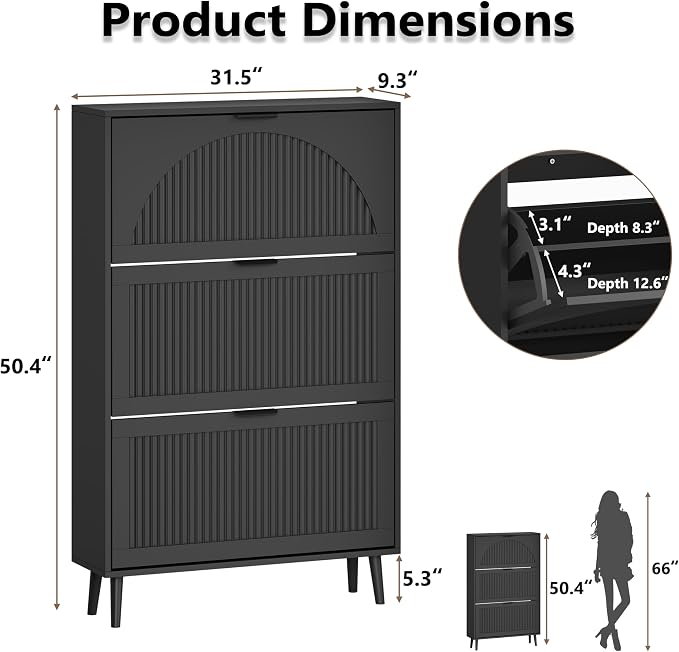 BORNOON Shoe Cabinet for Entryway with 3 Flip Drawers, Slim Wooden Shoe Storage Organizer with Modern Fluted Pannel，Freestanding Narrow Hidden Shoe Rack for Hallway, Foyer, Living Room