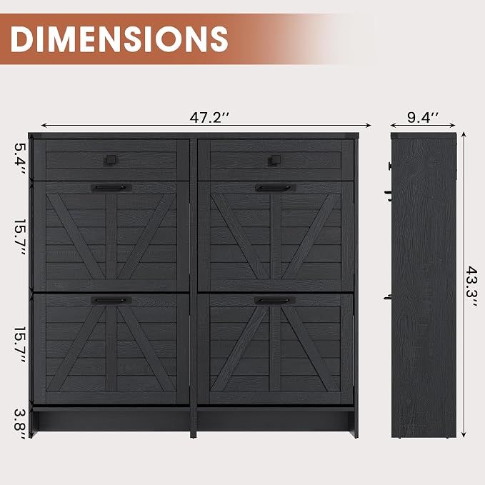 Halitaa Shoe Cabinet with 4 Flip Drawers & 2 Drawers,Farmhouse Shoe Storage Cabinet for Entryway,Slim Freestanding Organizer Rack for Front Door Entrance,Black