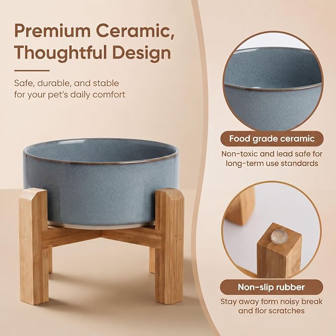 hjn Elevated Ceramic Dog Bowl with Bamboo Stand, Raised Pet Feeding Station for Small Medium Dogs Cats, Modern Design with Anti-Slip Base (Gray Blue, 3.6Cup)