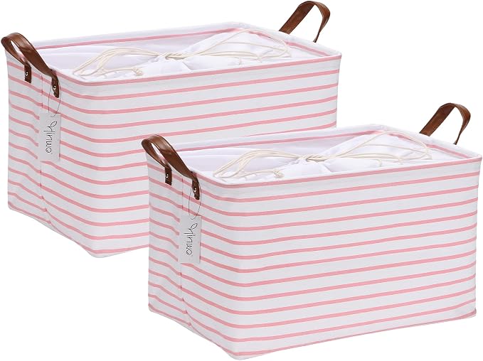 Hinwo 31L Large Canvas Storage Bin with Lid and Handles, 2-Pack | Collapsible Fabric Baskets, Closet Shelf Organizers, Containers for Clothing, Blankets, Toys, Bedding (Pink Stripe)