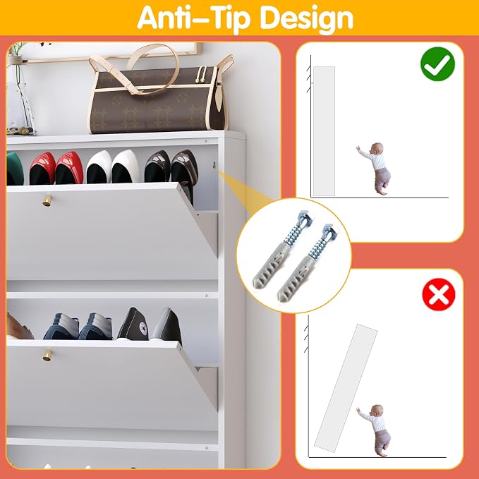 Shoe Cabinet with 3 Flip Drawers, Narrow Shoe Storage Cabinet, Farmhouse Shoe Organizer, Freestanding Organizer with Metal Legs for Entryway, Foyer (White, 3 Door)