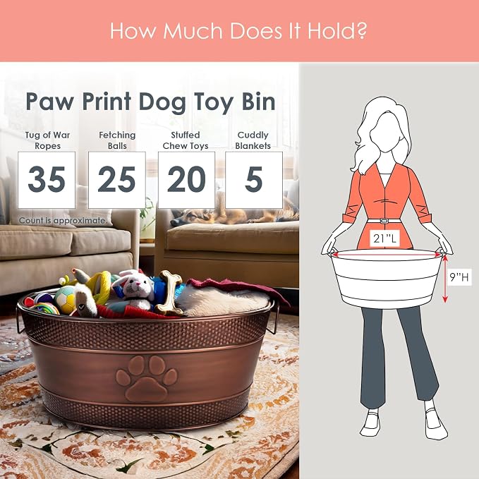 BREKX Copper Metal Dog Toy Storage Bin, Indestructible, Large | Toy Box, Blanket & Leash Organization • Handles
