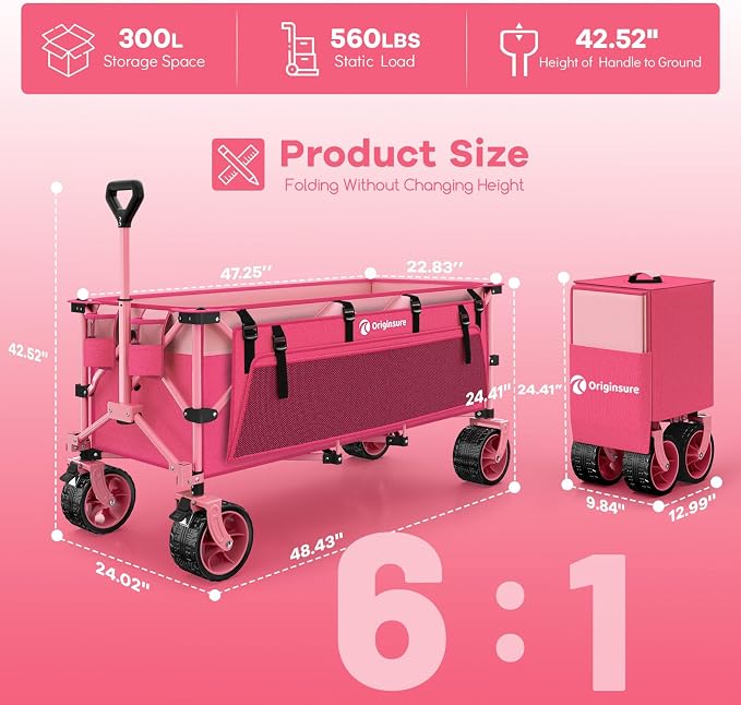 Originsure 300L Beach Wagons Carts Foldable with Big Wheels, 560lbs, Pink | 48" Folding Utility Wagon,7" All-Terrain Wheels,Heavy Duty Frame,Compact&Space-Saving,for Camping,Sports,Grocery,Garden