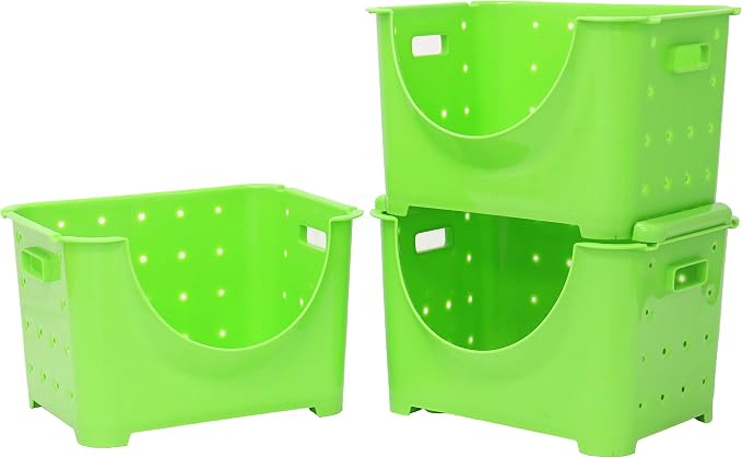 Basicwise Stackable Plastic Storage Bins with Cut Out Handles - Set of 3 Durable Organizing Containers for Home, Closet, Garage, Office - Easy Access Even When Stacked - 10 x 11 x 9 in - Green