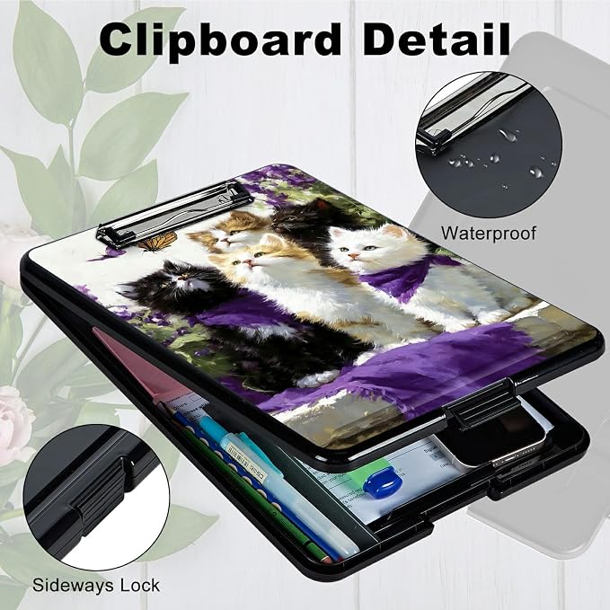 Heavy Duty Storage Clipboard, Slim Nursing Clipboard with Internal Pen Case, Portable File Organizer Case for A4 Letter Size Paper Office Medical Professionals, Lavender Cat