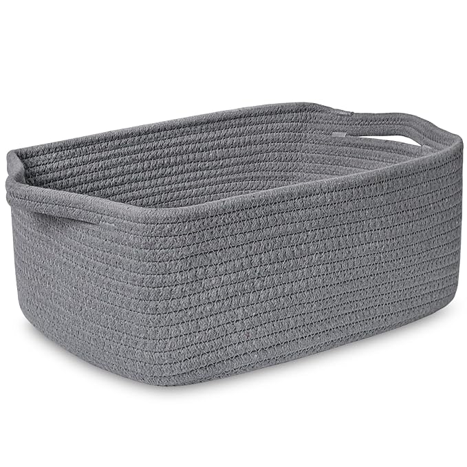ABenkle Small Storage Basket with Handles, Cotton Rope Woven Dog Cat Toy Bin, Decorative Shelves Closet Organizing for Nursery Laundry Bedroom Bathroom, 14.2''x 11''x 5.1''