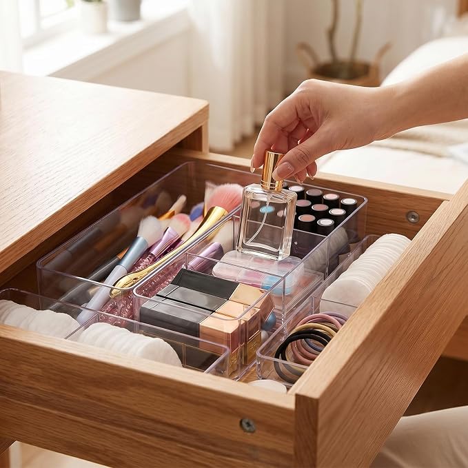 4-Piece Acrylic Organizer Set, Makeup Organizer for Drawer, Vanity, Countertop, Bathroom & Kitchen Storage, Clear PET Desktop Organizers with Compartments (2 Open + 2 Three-Cell Boxes)