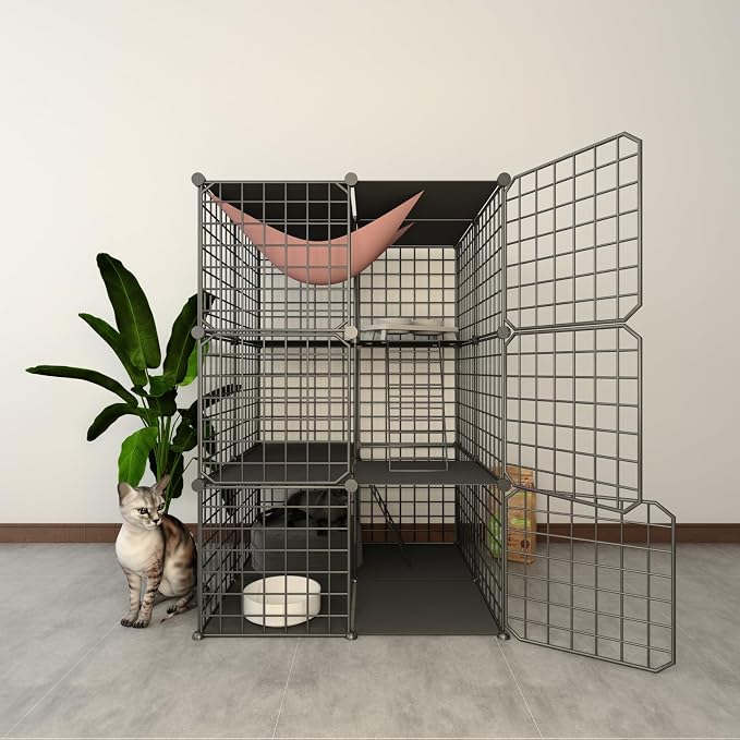 Indoor Cat Cage Enclosure DIY,Cat Playpen Catio Thick Metal Wire Kennels for 1-3 Cats Kitten Cage Detachable Patio Cat Crate （Only Cage）