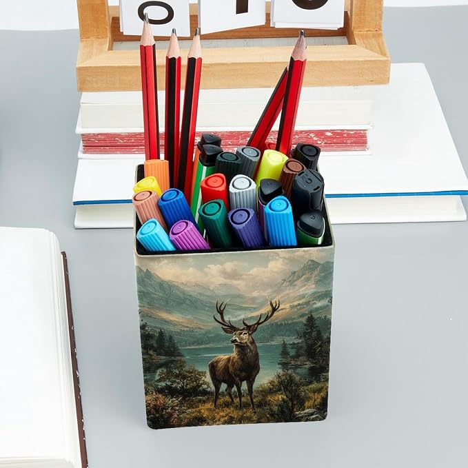 Retro Deer Pen Holder for Desk Decor, Rectangular PVC Leather Pencil Cup for Desk Pen Organizer, Makeup Brush Holder for School, Home, Office