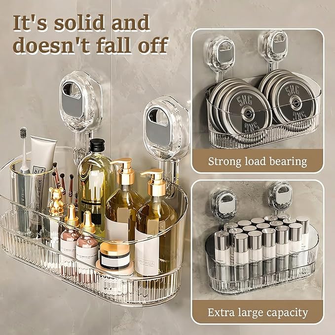 hoehew No-Drill Bathroom Suction Storage Box, Powerful Suction Cup Storage Rack Corrugated Suction Cup Storage Holder Shower Shelf Heavy Duty Shower Kitchen Organizer