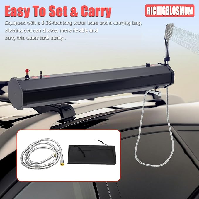 4.8-7.9Gal Portable Roof Rack Water Tank – Sun-Powered Pressurized Shower for Overlanding, Pet Washing, Gear Cleaning & Vehicle Water Storage – Includes 5.58ft Hose & Carry Bag,7.9Gal/30L