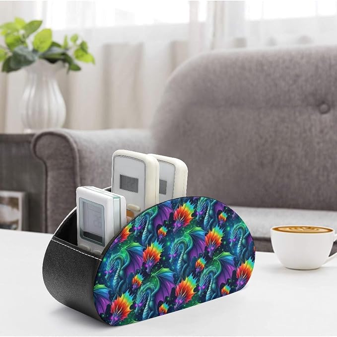 5-Slot Remote Control Caddy Holder Colorful Dragon Desktop Organizer | Colorful Dragon Makeup Brush Storage Box Office Supplies, Fit for Controller, Media Player, Stationery