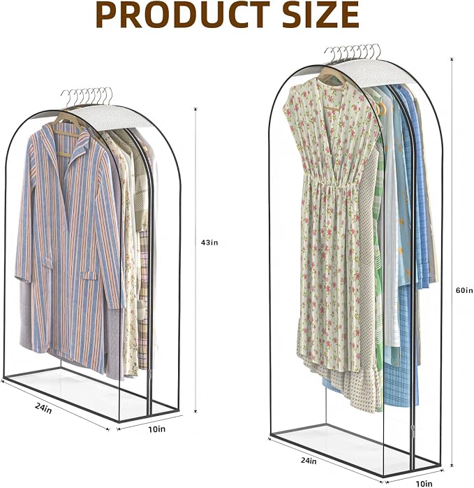 Clear Garment Bags for Hanging Clothes, 4-Pack, 2x43"+2x60" | Upgraded thickened clear garment bags with 10" gusset for closet storage of shirts, coats, dresses