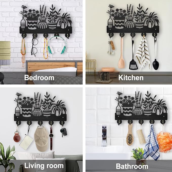 MAYJOYDIY Potted Plant Coat Hooks Wall Mount Wood Flower Pot Key Holder 11.87.9inch 5 Alloy Hooks Black Key Rack Organizer for Gift Wall Art Decor Florists Entryway Hallway Kitchen Room