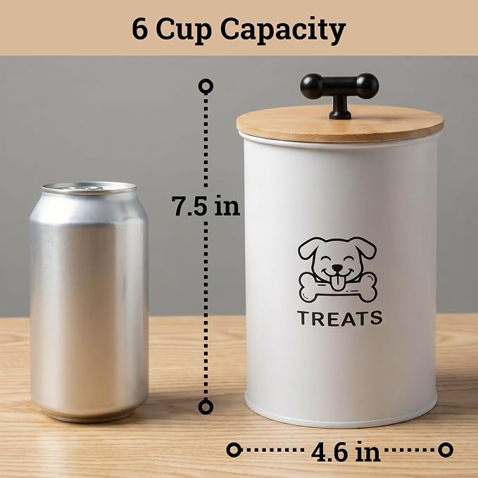 Dog Treat Container Airtight, 4.6"W x 6"H, Powder Coated, 6 Cup Capacity | Fits All Popular Treats, 6 Cup Capacity, Airtight Bamboo Lid, Easy Open Lid, Dent-Resistant Durable Metal Bone-Shaped Handle