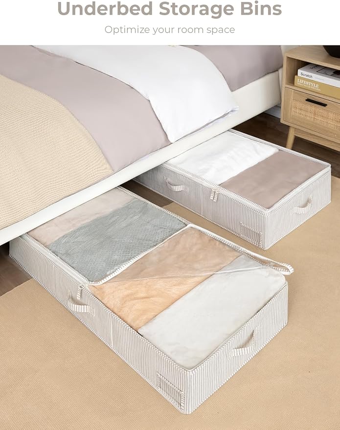 StorageWorks 7 Inch Low Profile Under Bed Storage Containers with Clear Lid | Reinforced Structure, Resists Sagging, Handles & Label Holder, Foldable Stackable Closet Storage for Clothes, Blankets, Toys