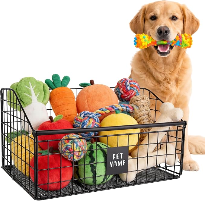 Penitue Indestructible Dog Toy Basket, 42.5x28x21.5cm/16.7x11x8.5in Metal Storage Bin for Chew Toys Bones and Treats Durable Toy Organizer Pet Toys Box for Living Room Area (Black)