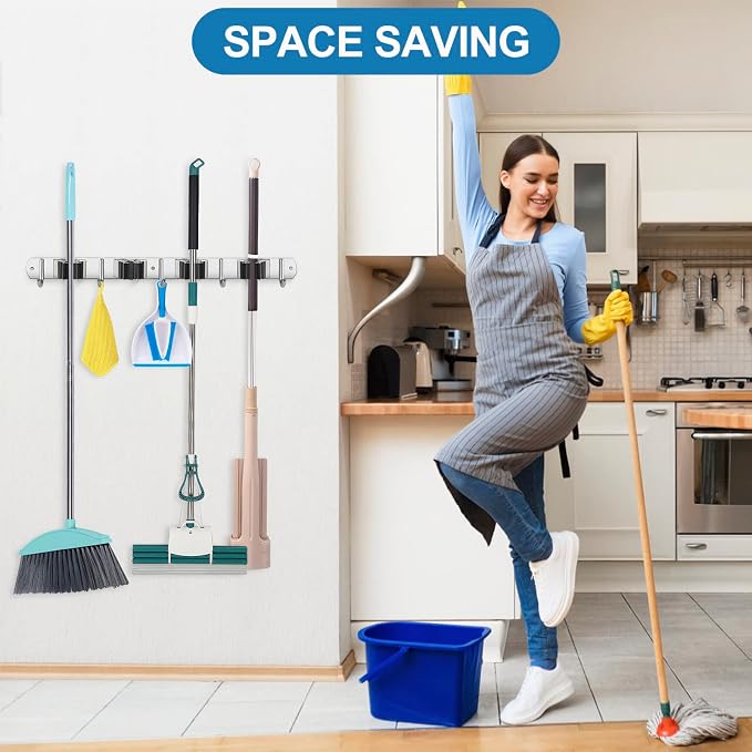 IMILLET Broom Holder Wall Mount Stainless Steel Mop Organizer | 4 Racks 5 Hooks Heavy Duty Garage Organization Storage,Broom and Mop Organizer Wall Hanging Self Adhesive for Laundry Room