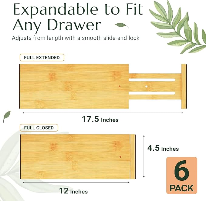 Bamboo Drawer Dividers 6 Pack with Non Slip Liner, Adjustable Expandable Drawer Organizer for Dresser, Kitchen, Bathroom, 4.5 Inch Tall Separators for Clothes, Fits 12 to 17.5 Inch Drawers