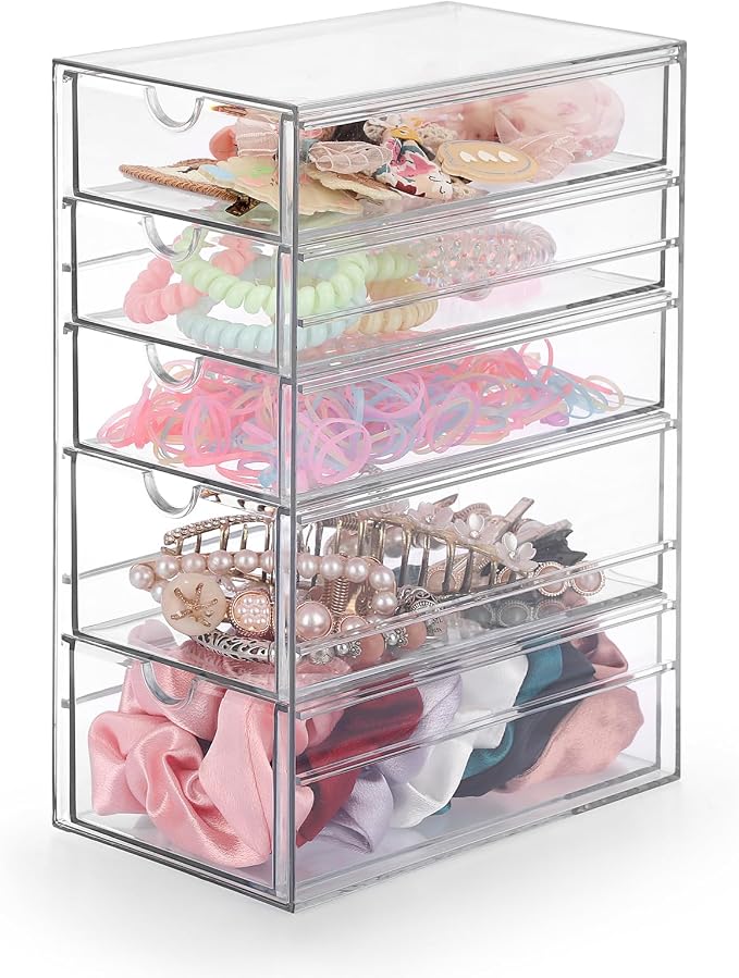 Hipiwe 5-Drawers Plastic Storage Organizer Clear Hair Accessories Organizer | Large Capacity Drawers Box for Bathroom, Dresser, Cosmetic Hair Tie Container for Women