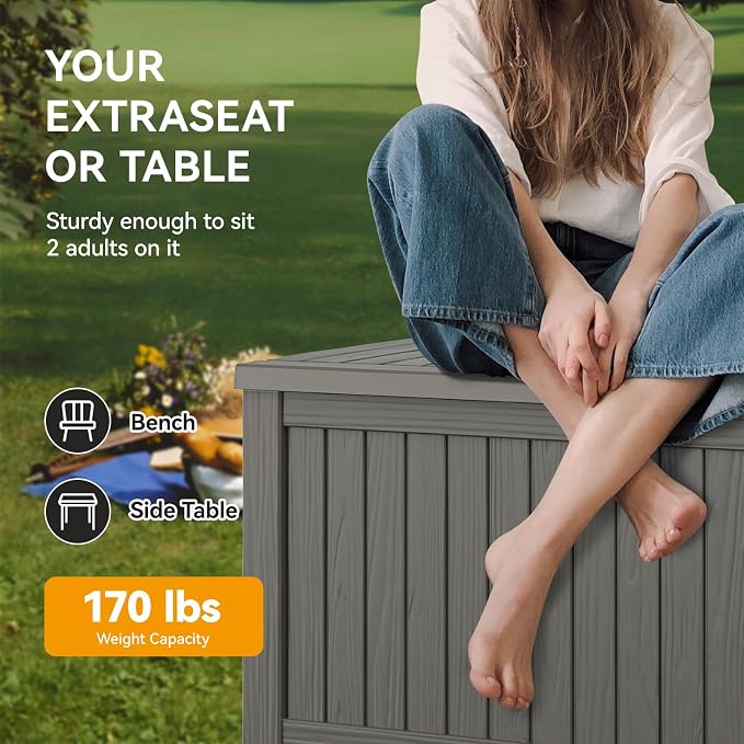 230 Gallon Outdoor Storage Box Waterproof Deck Box for Patio | Gray, Resin, Large, Weatherproof, Divider, Lockable, Hydraulic Rod, Easy Assembly, Patio Cushions Storage, Organization