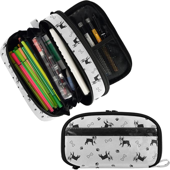 Pets Dogs White pattern Large Capacity Pencil Case with Zipper Water Resistant Portable Organizer Pen Bag for Students School Office