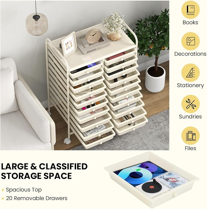 20 Drawer Rolling Storage Cart, Art Cart Organizer with Wheels for Makeup, Tool, Paper, Multipurpose Craft Storage Cart with Drawers for Office, Home, Classroom, School (White)