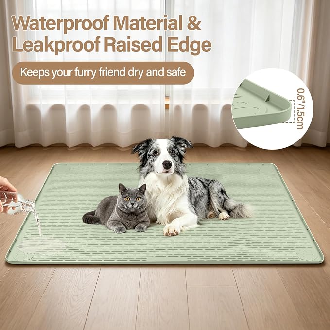 Silicone Cat Bed Mat 40"x28" Pet Crate Mat for Cat Cage, Green | Extra Large Cat Sleeping Mat, Non-slip, Washable, Waterproof Pet Bed Mat with Raised Edge, Pet Playpen Mat to Protect Floors
