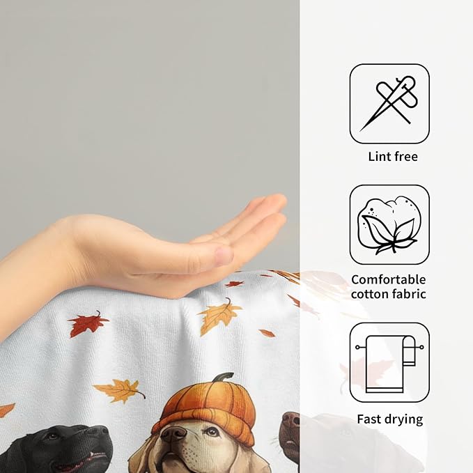 Giwawa Fall Dog Towel Set of 2, Autumn Pumpkins Orange Maple Leaves Funny Puppy Decorative Hand Towels, Thanksgiving Harvest Soft Face Towel Washcloth for Bathroom Guest Gym Spa Hotel Home