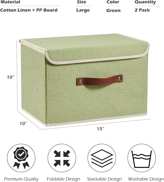 2PCS Storage Boxes with Lids Cotton Linen Fabric Bins Baskets | Decorative Collapsible Washable, Clothes Container Organizer for Closet Shelf, w/ Faux Leather Handles, Green, Large