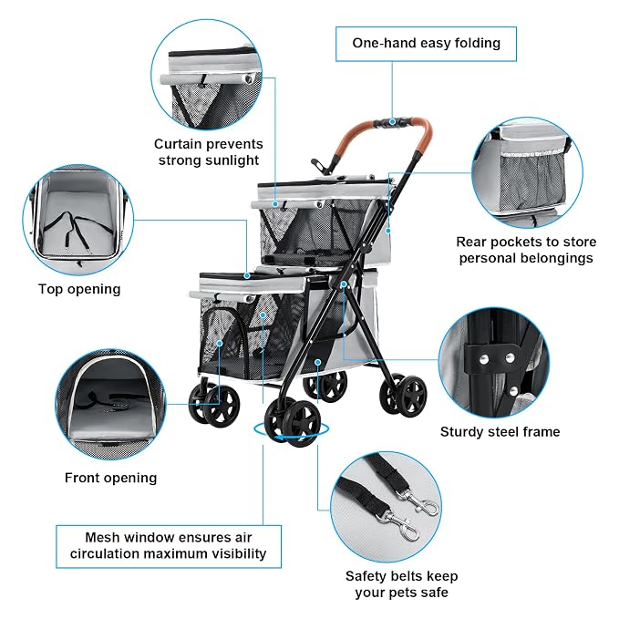 Double Pet Stroller for 2 Dogs & Cats, Double-Decker, Gray | One-Hand Fold Two-Tier Stroller with Separate Cabins, 44 lb Capacity, 4 Tethers, Locking Front Wheels and Rear Brakes