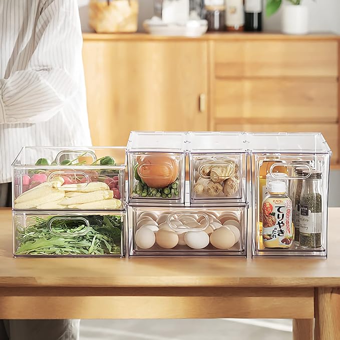 2Pack Stackable Fridge Drawers Pull-Out Bins Divided Produce Saver Containers for Refrigerator Storage Organizers for Veggie Fruit Berry Pantry Cabinet Makeup Clothes